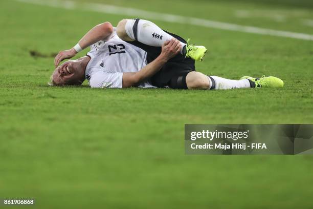 Dennis Jastrzembski of Germany reacts during the FIFA U-17 World Cup India 2017 Round of 16 match between Columbia and Germany at Jawaharlal Nehru...