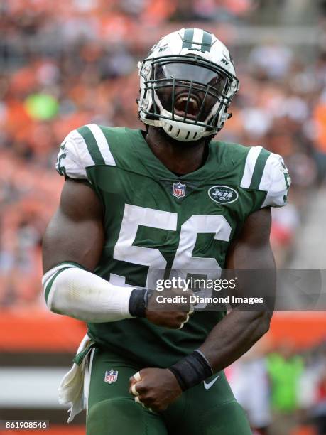 Linebacker Demario Davis of the New York Jets celebrates a third down stop as he runs toward the sideline in the fourth quarter of a game on October...
