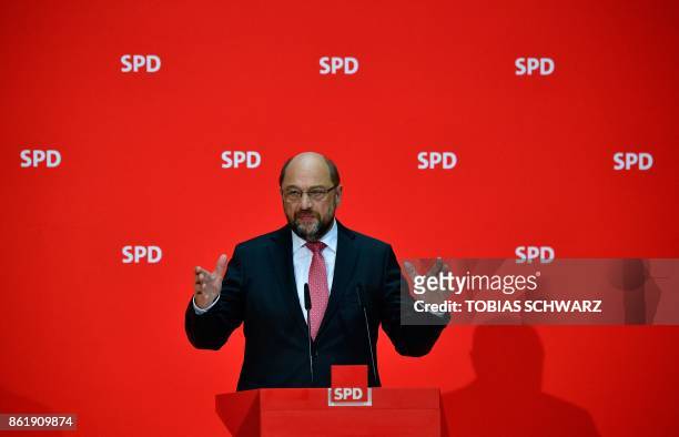 Martin Schulz, leader of Germany's social democratic SPD party, gives a press conferernce on October 16, 2017 in Berlin, one day after regional...