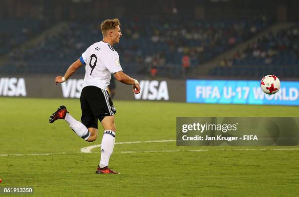 Jann-Fiete Arp of Germany scores his sides 4th goal during the FIFA U-17 World Cup India 2017 Round of 16 match between Colombia and Germany at...