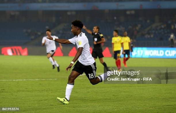 John Yeboah of Germany celebrates his goal during the FIFA U-17 World Cup India 2017 Round of 16 match between Colombia and Germany at Jawaharlal...