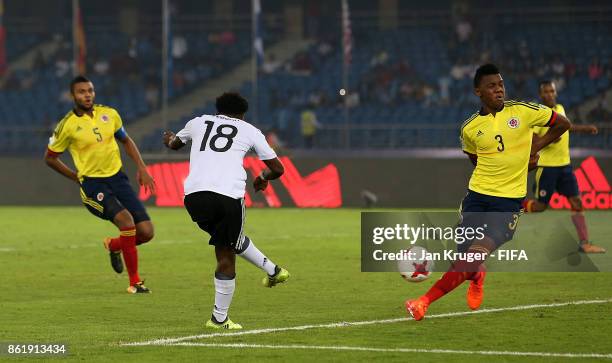 John Yeboah of Germany scores his sides 3rd goal during the FIFA U-17 World Cup India 2017 Round of 16 match between Colombia and Germany at...