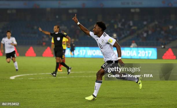John Yeboah of Germany celebrates his goal during the FIFA U-17 World Cup India 2017 Round of 16 match between Colombia and Germany at Jawaharlal...