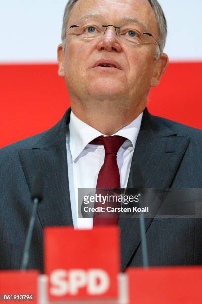 Stephan Weil, incumbent SPD candidate in yesterday's state elections in Lower Saxony, speaks at SPD headquarters on October 16, 2017 in Berlin,...