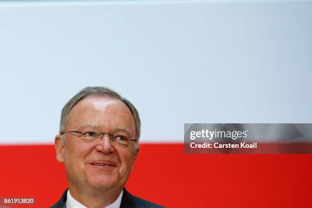 Stephan Weil, incumbent SPD candidate in yesterday's state elections in Lower Saxony,speaks at SPD headquarters on October 16, 2017 in Berlin,...