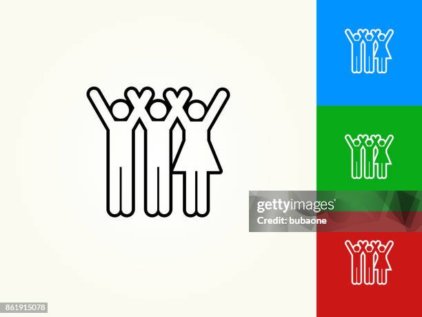 three people raising hands black stroke linear icon - stick figure arms raised stock illustrations