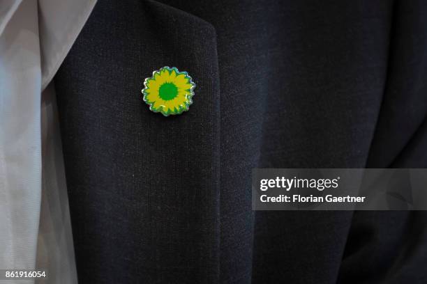 Pin of the Alliance 90/The Greens-party is fixed on the jacket of Stefan Wenzel, leading candidate from the Alliance 90/The Greens for the election...