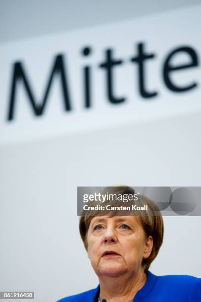 German Chancellor and leader of the German Christian Democrats Angela Merkel speaks during a press conference together with CDU lead candidate in...