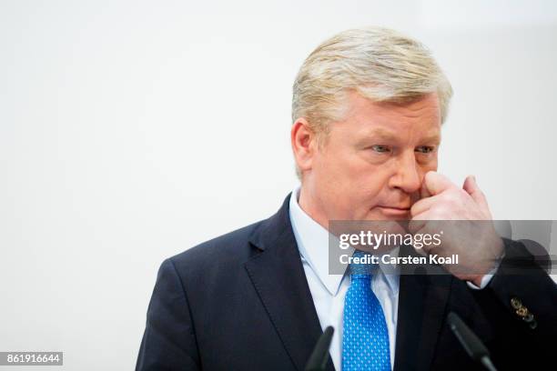 Lead candidate in yesterday's state elections in Lower Saxony Bernd Althusmann attends a press conference together with German Chancellor and leader...