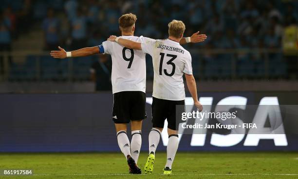 Jann-Fiete Arp of Germany celebrates his goal during the FIFA U-17 World Cup India 2017 Round of 16 match between Colombia and Germany at Jawaharlal...