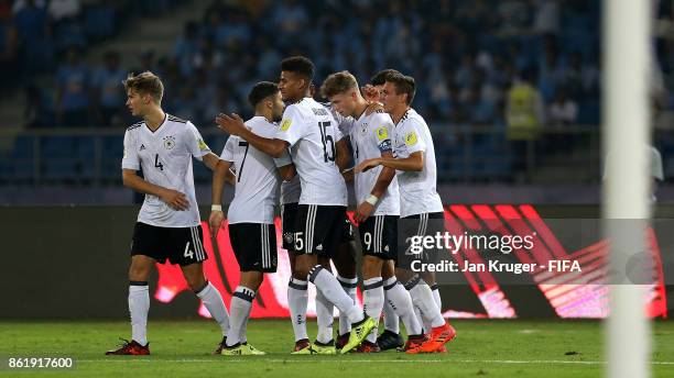 Jann-Fiete Arp of Germany celebrates his goal during the FIFA U-17 World Cup India 2017 Round of 16 match between Colombia and Germany at Jawaharlal...