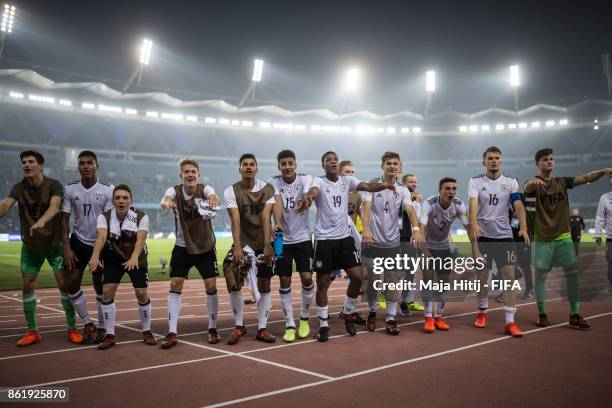 Team of Germany celebrates after winning the FIFA U-17 World Cup India 2017 Round of 16 match between Columbia and Germany at Jawaharlal Nehru...