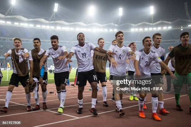 Team of Germany celebrates after winning the FIFA U-17 World Cup India 2017 Round of 16 match between Columbia and Germany at Jawaharlal Nehru...