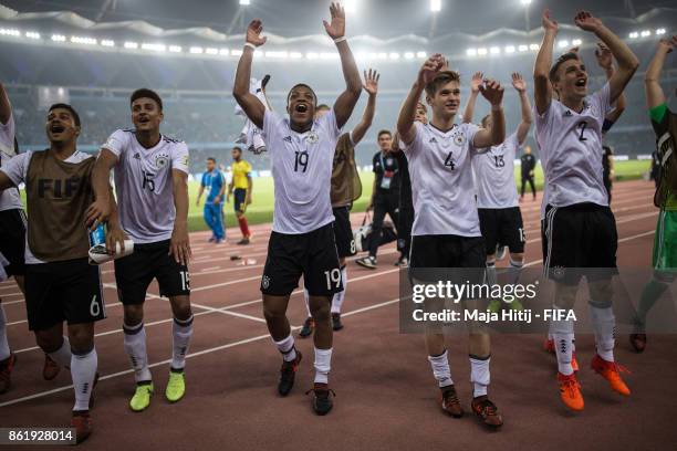 Team of Germany celebrates after winning the FIFA U-17 World Cup India 2017 Round of 16 match between Columbia and Germany at Jawaharlal Nehru...
