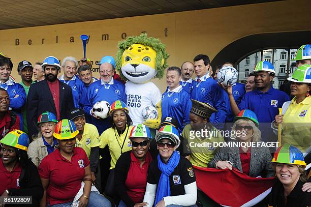Louis Michel EU Commissioner for Development and Humanitarian Aid poses with Zakumi the Mascot of the 2010 FIFA World Cup in South Africa on April...