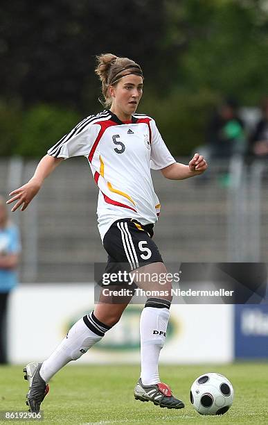 Valeria Kleiner of Germany is seen with the ball during the U19 women UEFA Championship 2009 qualifying match between Germany and Russia at the...