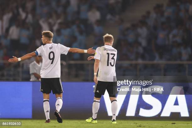 Jann-Fiete Arp of Germany celebrates after scoring a goal to make it 0-4 during the FIFA U-17 World Cup India 2017 Round of 16 match between Columbia...