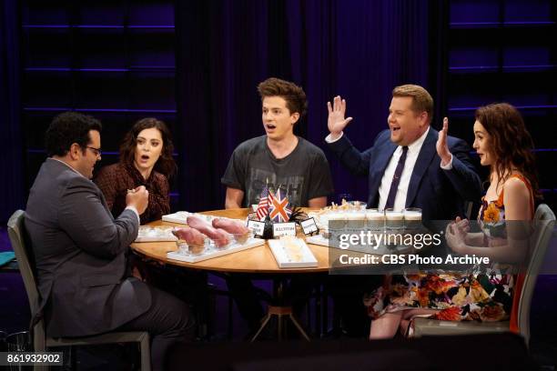 Josh Gad, Rachel Bloom, Charlie Puth, James Corden, and Michelle Dockery play Spill Your Guts or Fill Your Guts during "The Late Late Show with James...