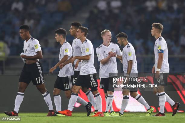 Team of Germany celebrates after scoring a goal to make it 0-4 during the FIFA U-17 World Cup India 2017 Round of 16 match between Columbia and...