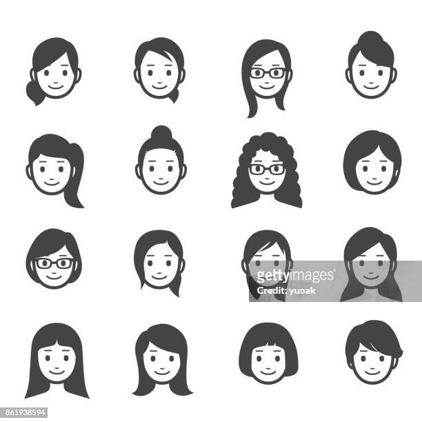 ilustraciones, imágenes clip art, dibujos animados e iconos de stock de iconos de caras de mujer - sólo mujeres