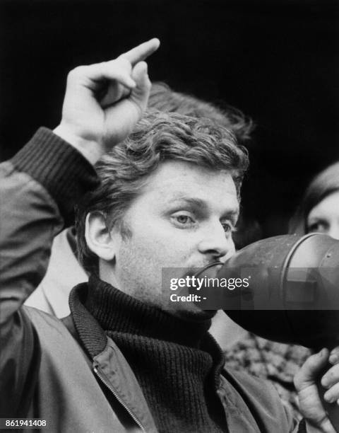 French student leader Daniel Cohn-Bendit and German demonstrators hold a protest at the French-German border, 25 May 1968, in Forbach after being...