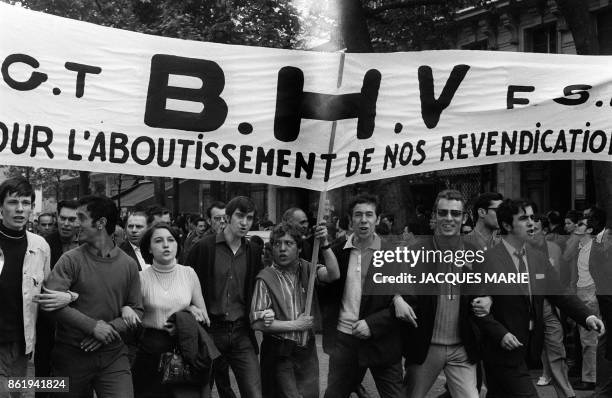 Students and workers hold a rally 29 May 1968 at the peak of the student movement, during the unitarian demonstration organized by the French workers...