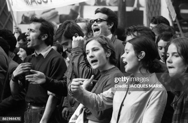 Students and workers hold a rally 29 May 1968 at the peak of the student movement, during the unitarian demonstration organized by the French workers...