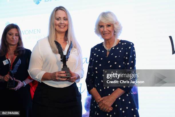 Camilla, Duchess of Cornwall and Laura Prescott at the annual Women of the Year lunch at Intercontinental Hotel on October 16, 2017 in London,...