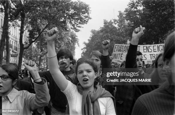 Students and workers hold a rally 29 May 1968 at the peak of the student movement, during the unitarian demonstration organized by the French workers...