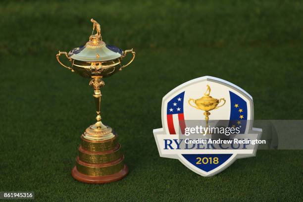 The Ryder Cup trophy is pictured next to a tee marker during the Ryder Cup trophy 2018 Year to Go event at Le Golf National on October 16, 2017 in...