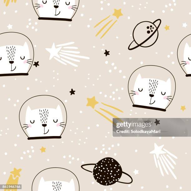 Seamless childish pattern with cute cats astronauts. Creative nursery background. Perfect for kids design, fabric, wrapping, wallpaper, textile, apparel