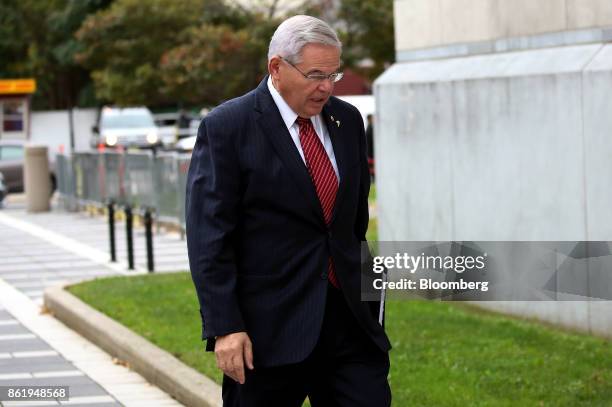 Senator Robert Menendez, a Democrat from New Jersey, arrives at federal court in Newark, New Jersey, U.S., Monday, Oct. 16 2017. Menendez is accused...