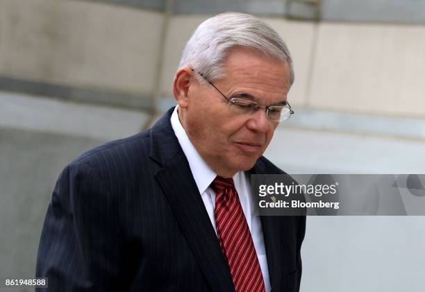 Senator Robert Menendez, a Democrat from New Jersey, arrives at federal court in Newark, New Jersey, U.S., Monday, Oct. 16 2017. Menendez is accused...