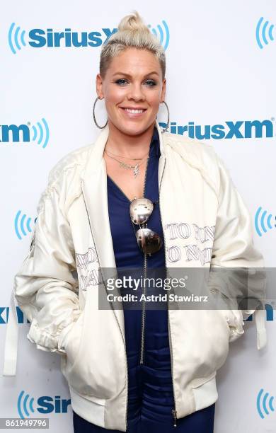 Singer Pink visits 'The Morning Mash Up' on SiriusXM Hits 1 Channel at the SiriusXM Studios on October 16, 2017 in New York City.