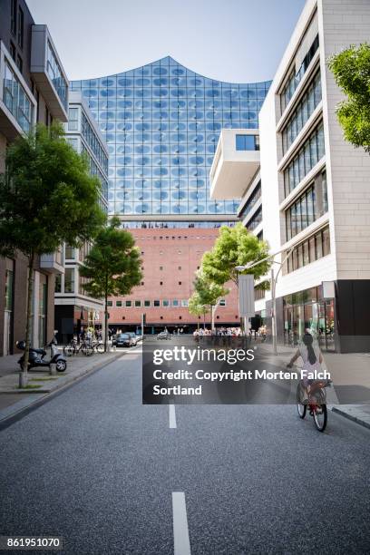 riding towards elbphilharmonie, hamburg - elbphilharmonie fotografías e imágenes de stock