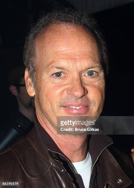 Michael Keaton poses backstage at "Rock of Ages" on Broadway at The Brooks Atkinson Theater on April 23, 2009 in New York City.
