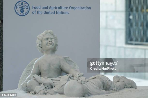 Marble statue representing the tragedy of migration donated by Pope Francis during his visit to the United Nations Food and Agriculture Organization...