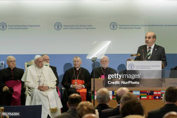 Jose Graziano Da Silva, FAO Director-General, delivers his speech during the visit of Pope Francis on the occasion of the World Food Day at the...