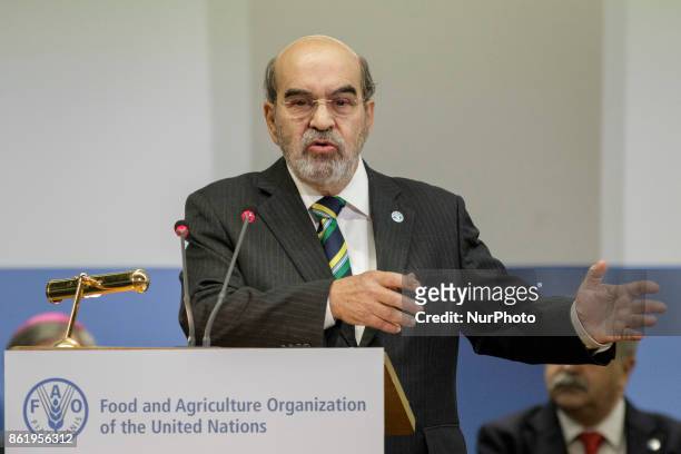 Jose Graziano Da Silva, FAO Director-General, delivers his speech during the visit of Pope Francis on the occasion of the World Food Day at the...