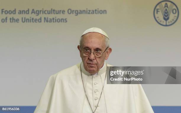 Pope Francis attends the World Food Day at the United Nations Food and Agriculture Organization Headquarter in Rome, Italy on October 16, 2017.