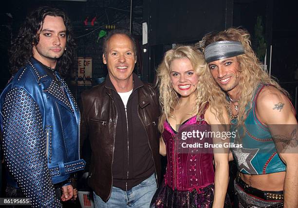 Constantine Maroulis, Michael Keaton, Amy Spanger and James Carpinello pose backstage at "Rock of Ages" on Broadway at The Brooks Atkinson Theater on...