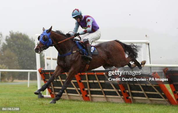 Phoenix Dawn ridden by Brendan Powell in the Queen Elizabeth Humanities College Racing To School Juvenile Maiden Hurdle at Ludlow Racecourse.