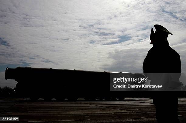 Russian Topol-M intercontinental ballistic missile is displayed during a Victory Day parade rehearsal on April 24, 2009 in Alabino, outside Moscow,...