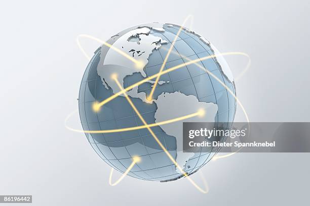 beams of light orbit a globe - digitale welt stock-grafiken, -clipart, -cartoons und -symbole