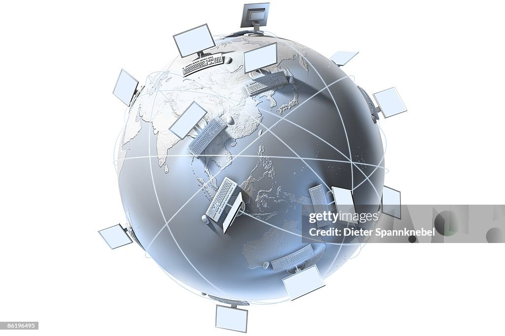 Computers On A Globe With Beams Of Light High-Res Vector Graphic ...