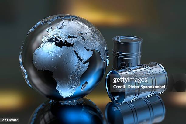 oil barrels and globe showing europe and africa - organization of the petroleum exporting countries stock illustrations