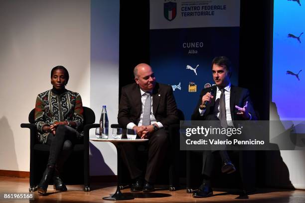 General Director Michele Uva , Alessandro D Este and Fiona May attend during as the Italian Football Federation Unveils New Regional Federal Training...