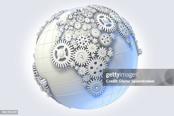 gears on a globe in shape of europe and africa - global business stock illustrations