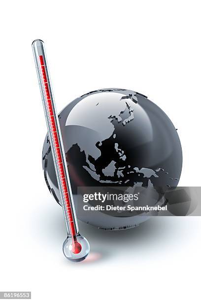 ilustrações, clipart, desenhos animados e ícones de clinical thermometer beside a globe - termómetro