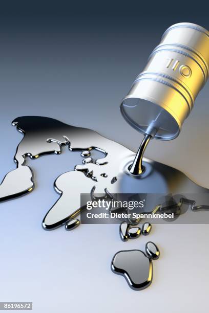 illustrazioni stock, clip art, cartoni animati e icone di tendenza di oil barrel and oil in shape of world map - barile di metallo